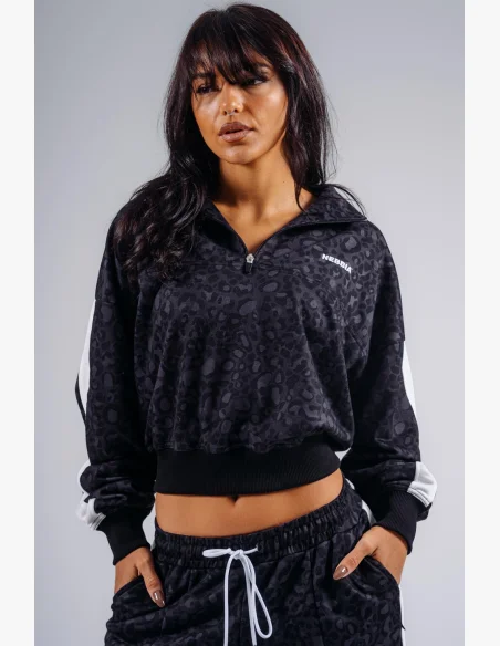 NEBBIA Half-zip mikina s leopardím vzorem PRIMAL černá