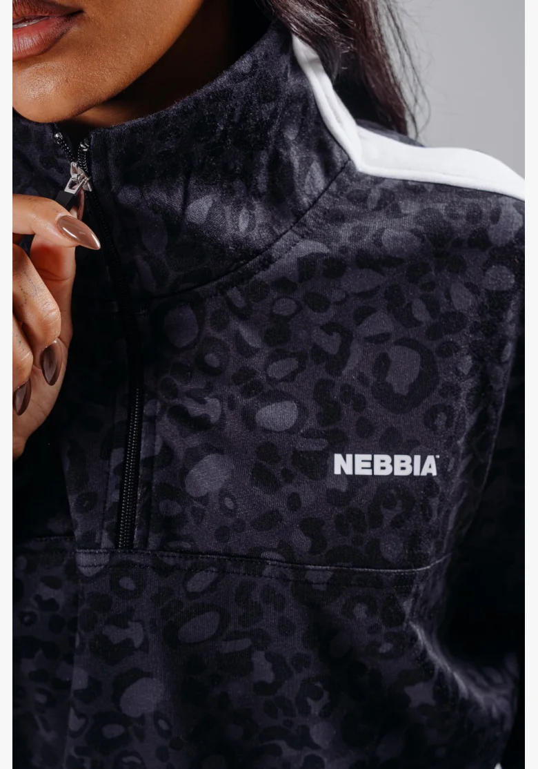 NEBBIA Half-zip mikina s leopardím vzorem PRIMAL černá