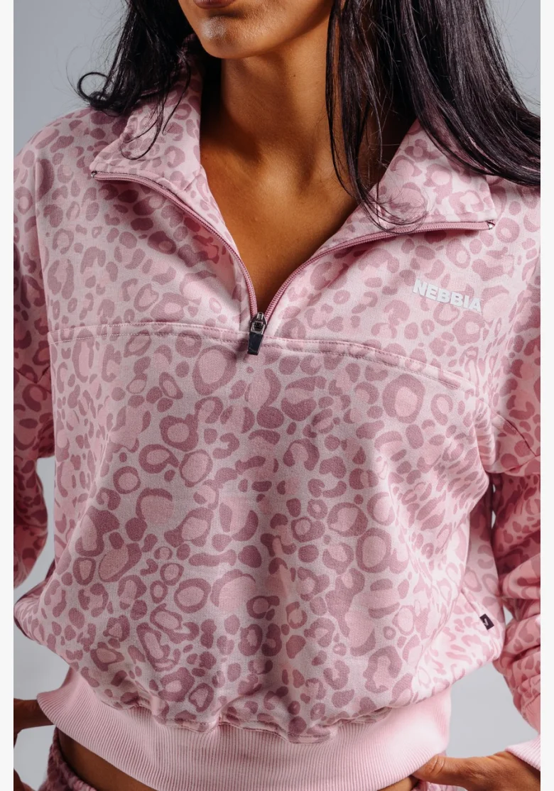 NEBBIA Half-zip mikina s leopardím vzorem PRIMAL růžová