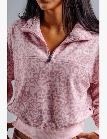 NEBBIA Half-zip mikina s leopardím vzorem PRIMAL růžová