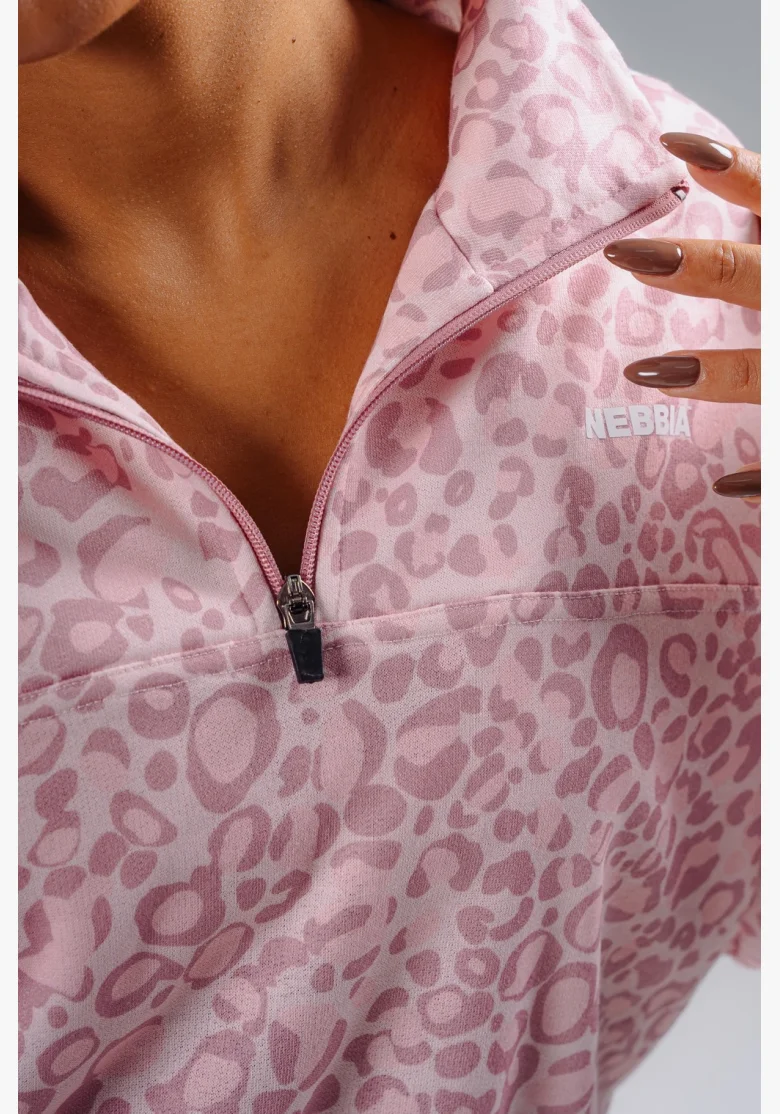 NEBBIA Half-zip mikina s leopardím vzorem PRIMAL růžová