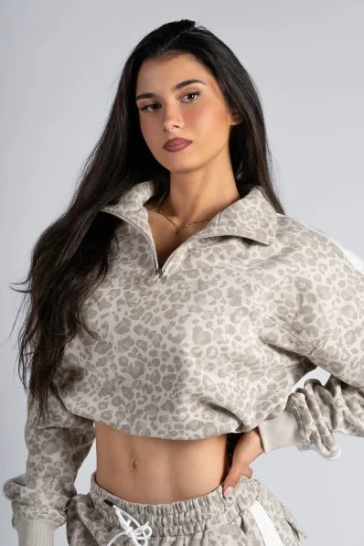 NEBBIA Half-zip mikina s leopardím vzorem PRIMAL krémová
