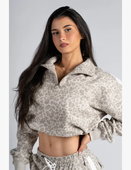 NEBBIA Half-zip mikina s leopardím vzorem PRIMAL krémová