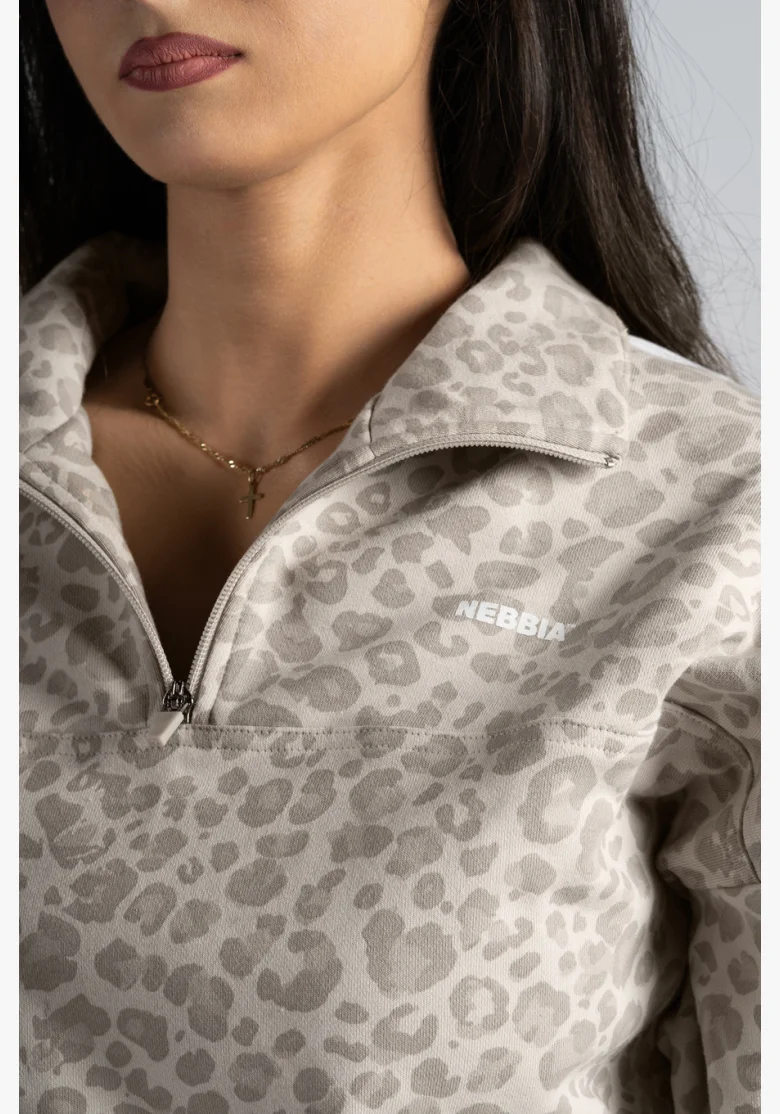 NEBBIA Half-zip mikina s leopardím vzorem PRIMAL krémová