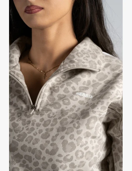 NEBBIA Half-zip mikina s leopardím vzorem PRIMAL krémová