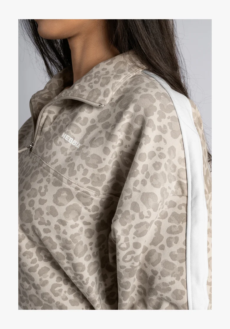 NEBBIA Half-zip mikina s leopardím vzorem PRIMAL krémová