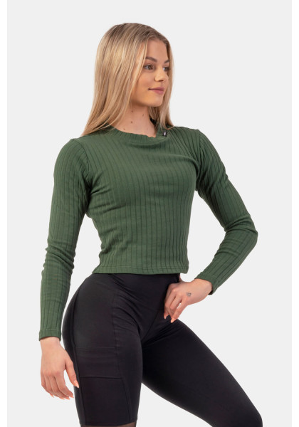 NEBBIA Žebrované tričko s dlouhým rukávem z organické bavlny zelená