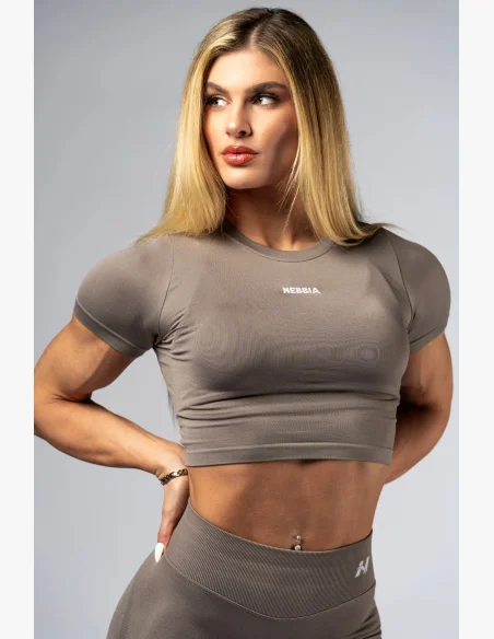 NEBBIA Seamless crop top s krátkým rukávem POWER béžový