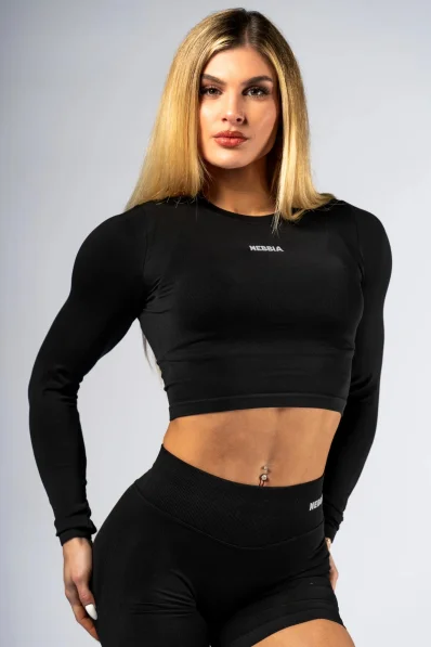 NEBBIA Seamless crop top s dlouhým rukávem POWER černý