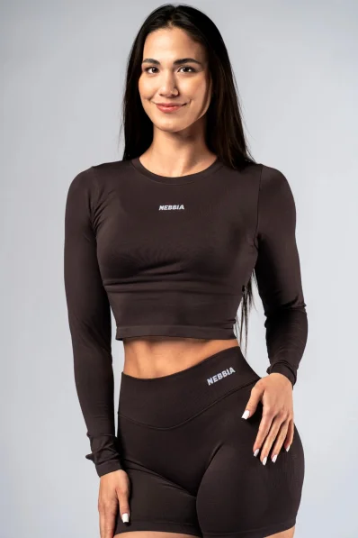NEBBIA Seamless crop top s dlouhým rukávem POWER hnědé