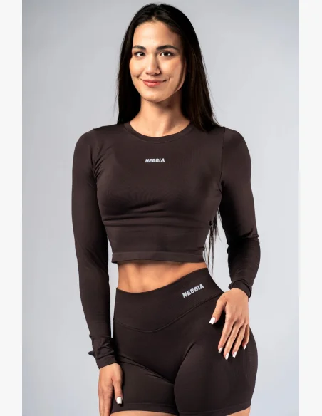 NEBBIA Seamless crop top s dlouhým rukávem POWER hnědé