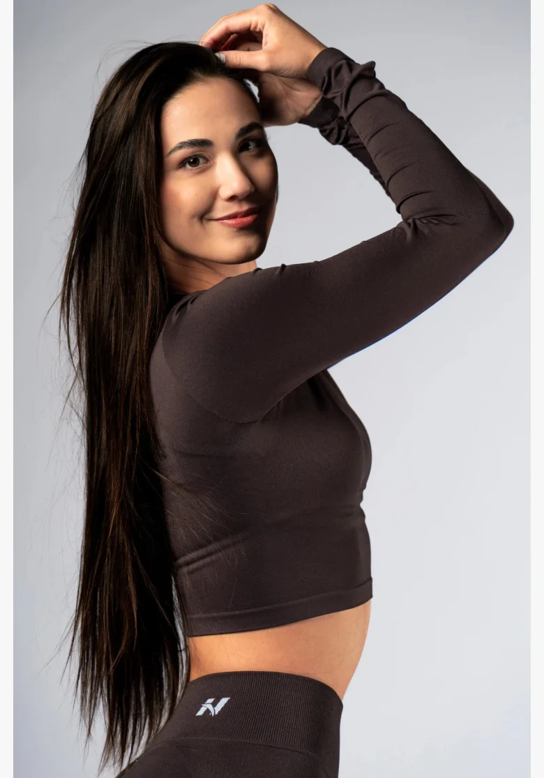 NEBBIA Seamless crop top s dlouhým rukávem POWER hnědé