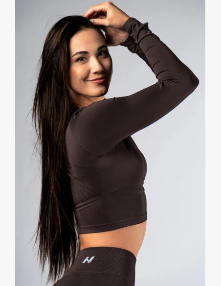 NEBBIA Seamless crop top s dlouhým rukávem POWER hnědé