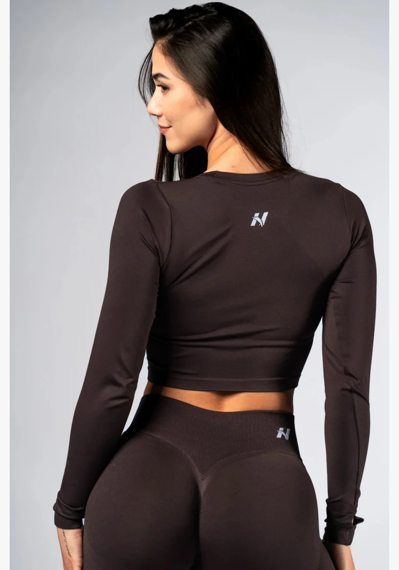 NEBBIA Seamless crop top s dlouhým rukávem POWER hnědé