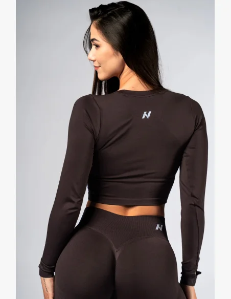 NEBBIA Seamless crop top s dlouhým rukávem POWER hnědé