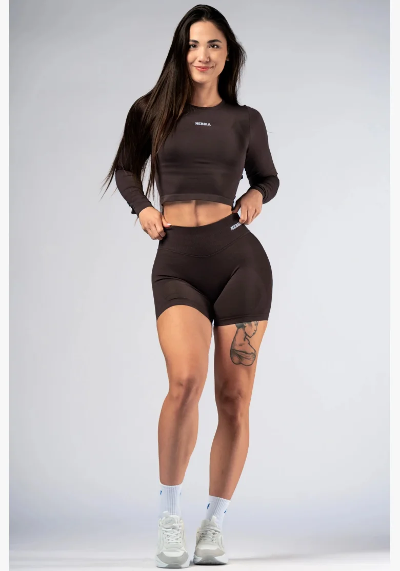 NEBBIA Seamless crop top s dlouhým rukávem POWER hnědé