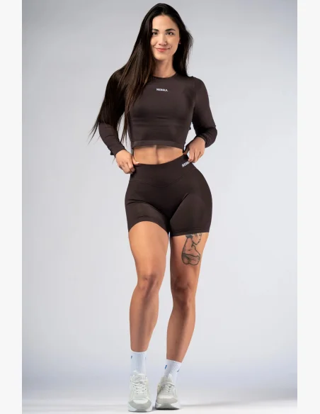 NEBBIA Seamless crop top s dlouhým rukávem POWER hnědé