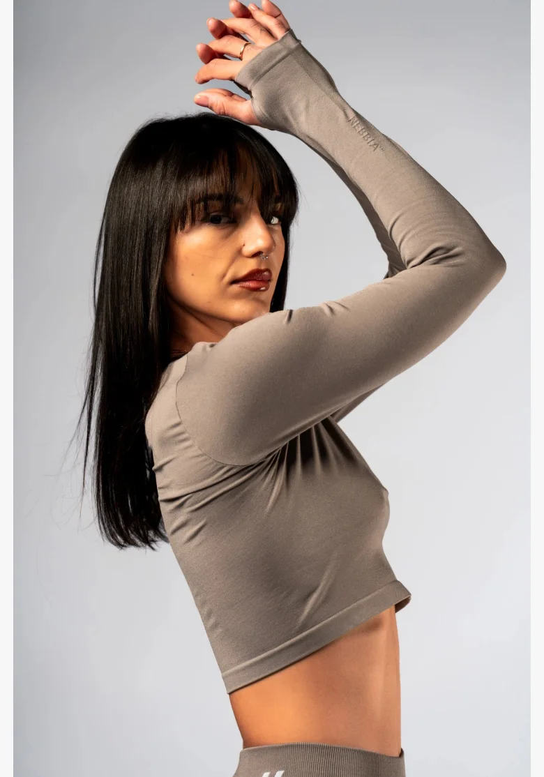 NEBBIA Seamless crop top s dlouhým rukávem POWER béžový