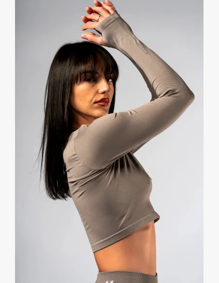 NEBBIA Seamless crop top s dlouhým rukávem POWER béžový