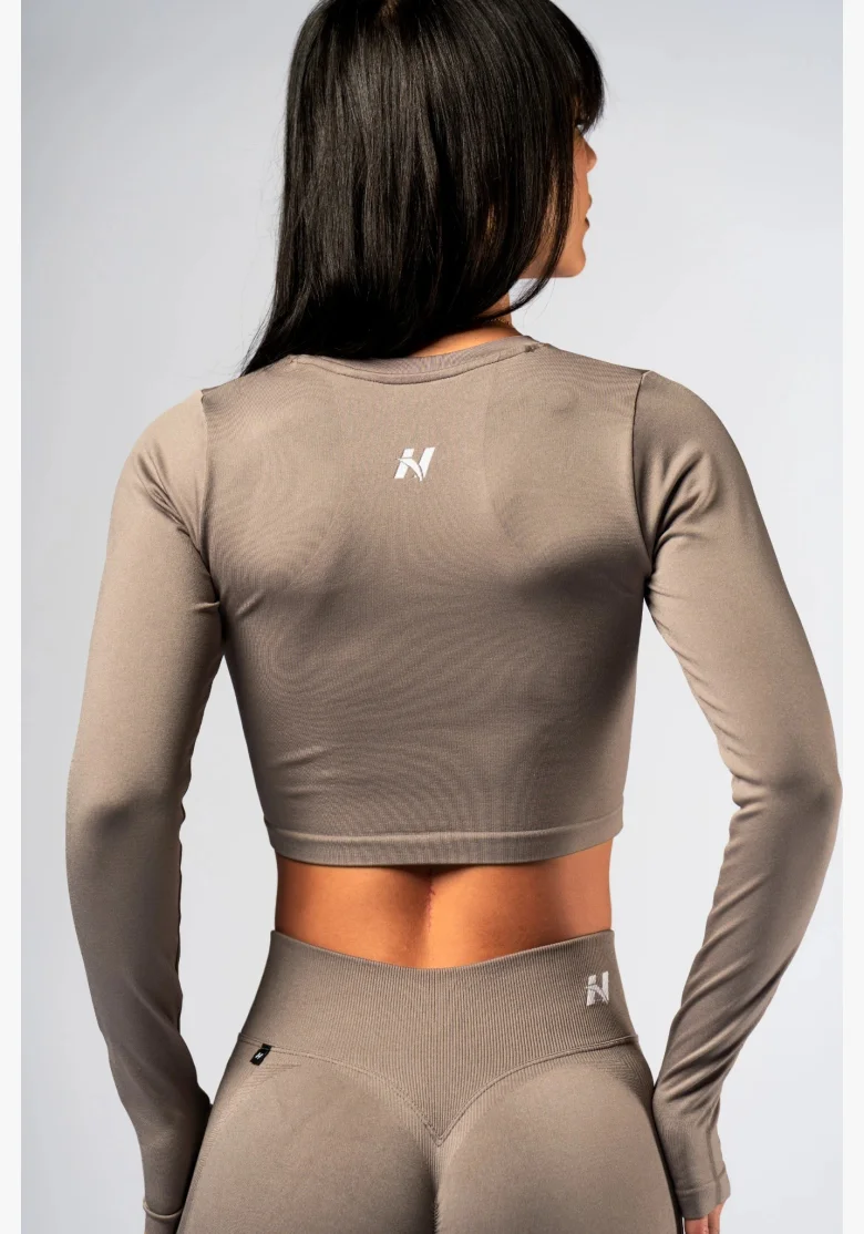 NEBBIA Seamless crop top s dlouhým rukávem POWER béžový