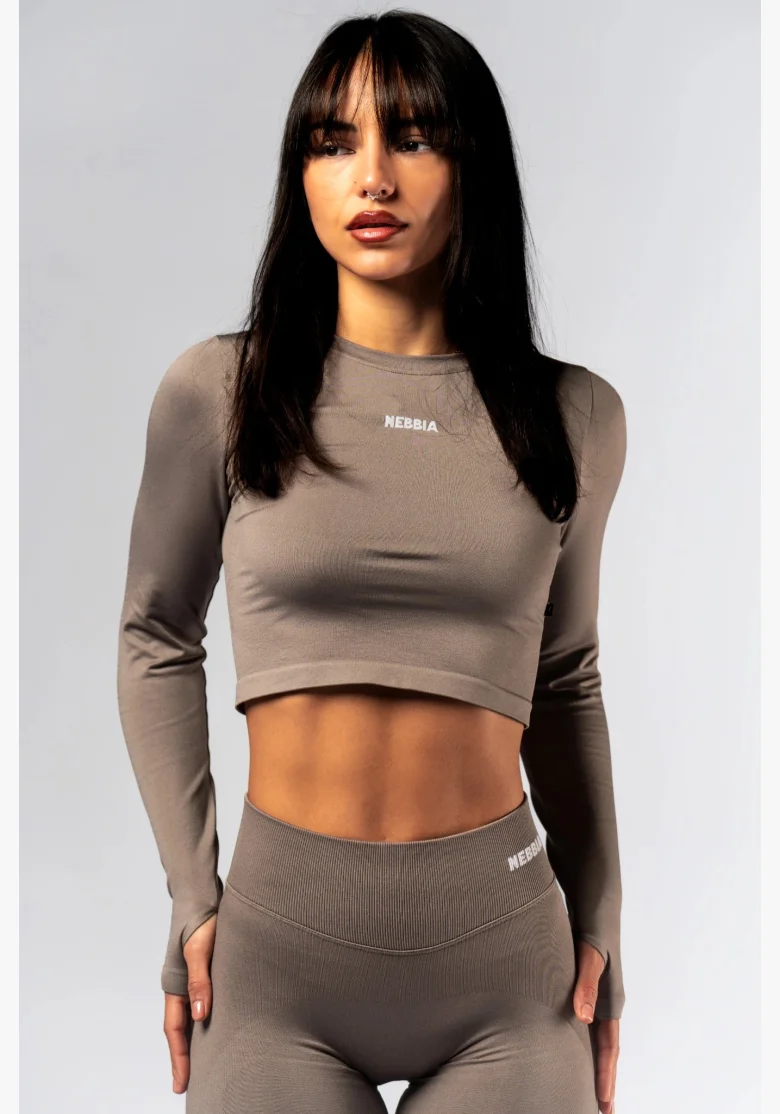 NEBBIA Seamless crop top s dlouhým rukávem POWER béžový