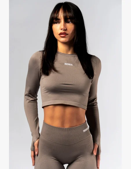 NEBBIA Seamless crop top s dlouhým rukávem POWER béžový